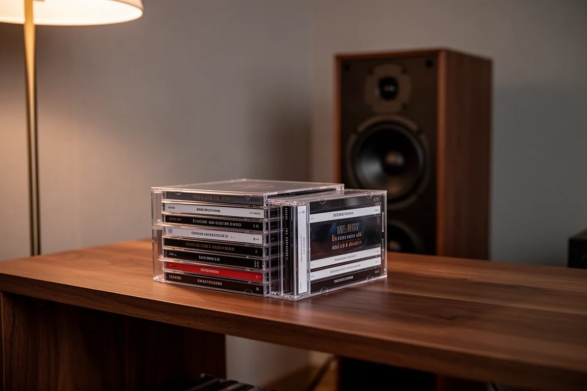 Listening room at dusk with a stack of compact discs beside floorstanding speakers