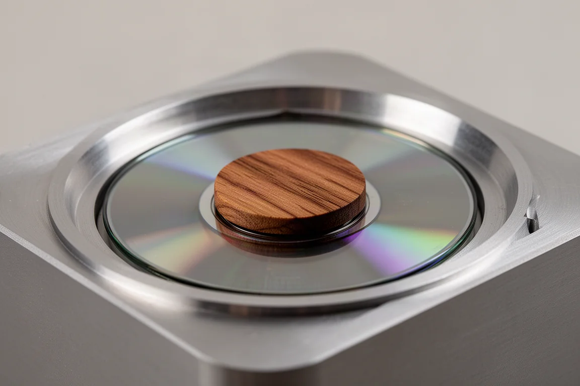 Close-up of a wooden stabiliser puck resting on a disc inside a top-loading tray
