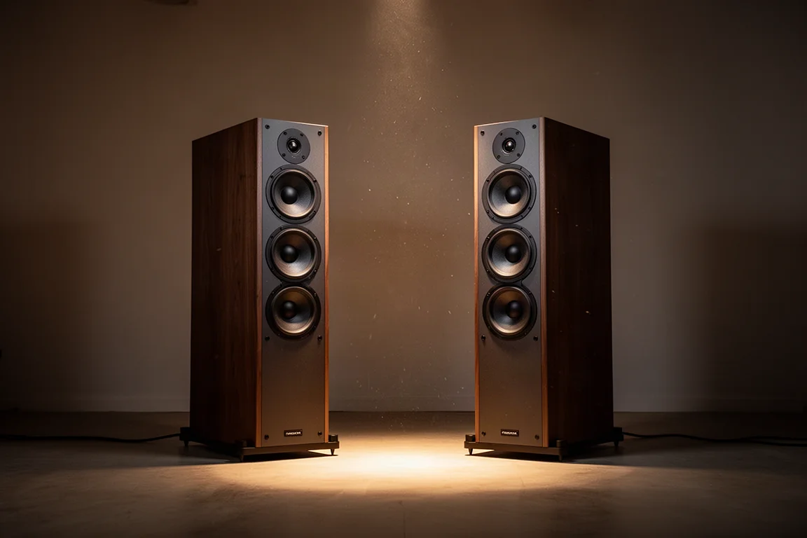 Floorstanding speakers in a softly lit listening room with warm amber glow