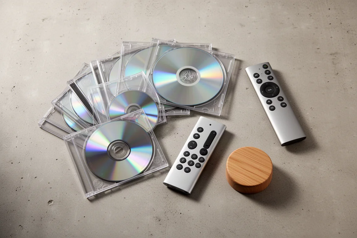 Flat lay of compact discs, a remote control, and a wooden puck on concrete