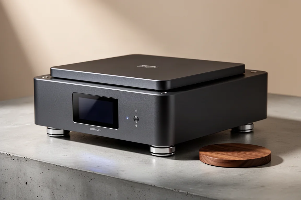 Hi-fi CD player with aluminium chassis, top-loading lid, and wooden disc puck on concrete