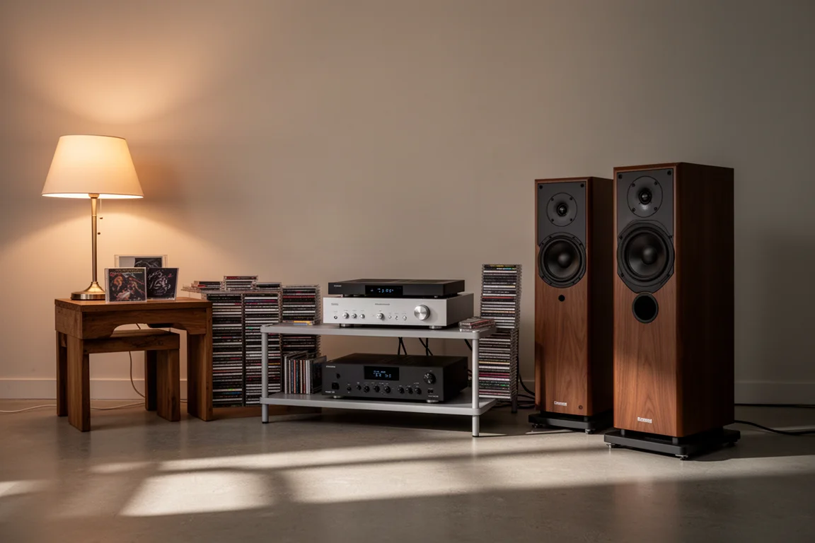 Sala de audição ao anoitecer com caixas acústicas, amplificador e uma pilha de CDs