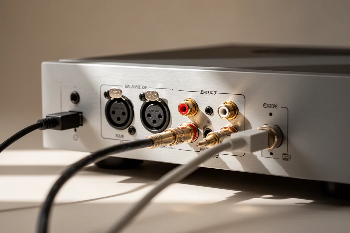 Conexões do painel traseiro de um player hi-fi com cabos coaxiais e USB conectados