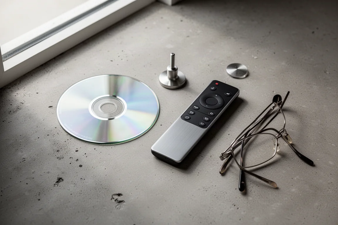Composição plana de um CD, disco estabilizador e controle remoto com face de metal sobre concreto