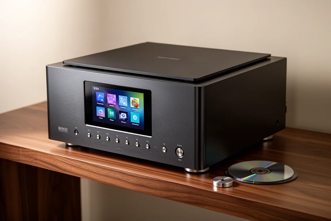 Top-loading CD and SACD player with touchscreen on a walnut shelf beside a disc