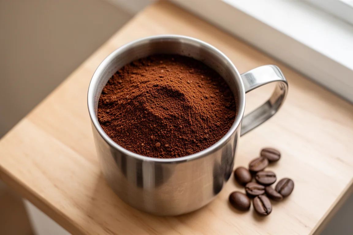 Nahaufnahme einer gleichmäßig fein gemahlenen Kaffeeportion in einem Edelstahlbecher