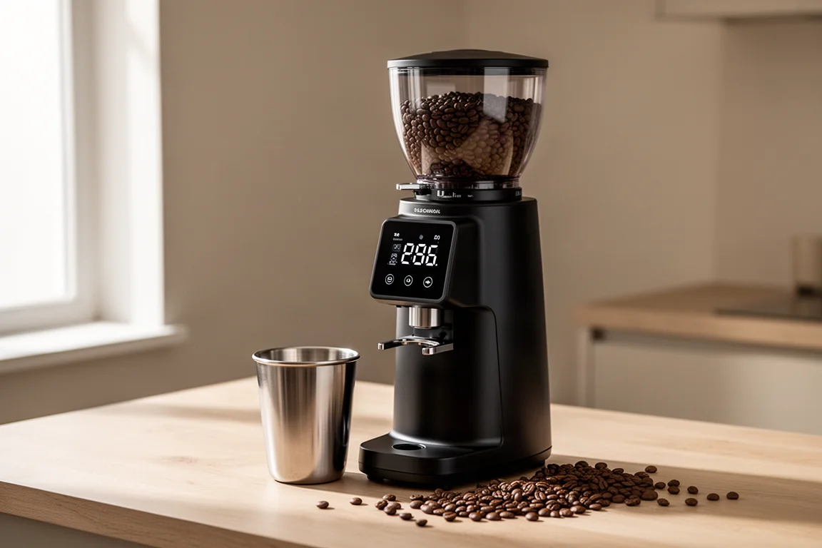 Matowo czarny młynek żarnowy do kawy z wyświetlaczem LED i stalową szklanką na drewnianym blacie