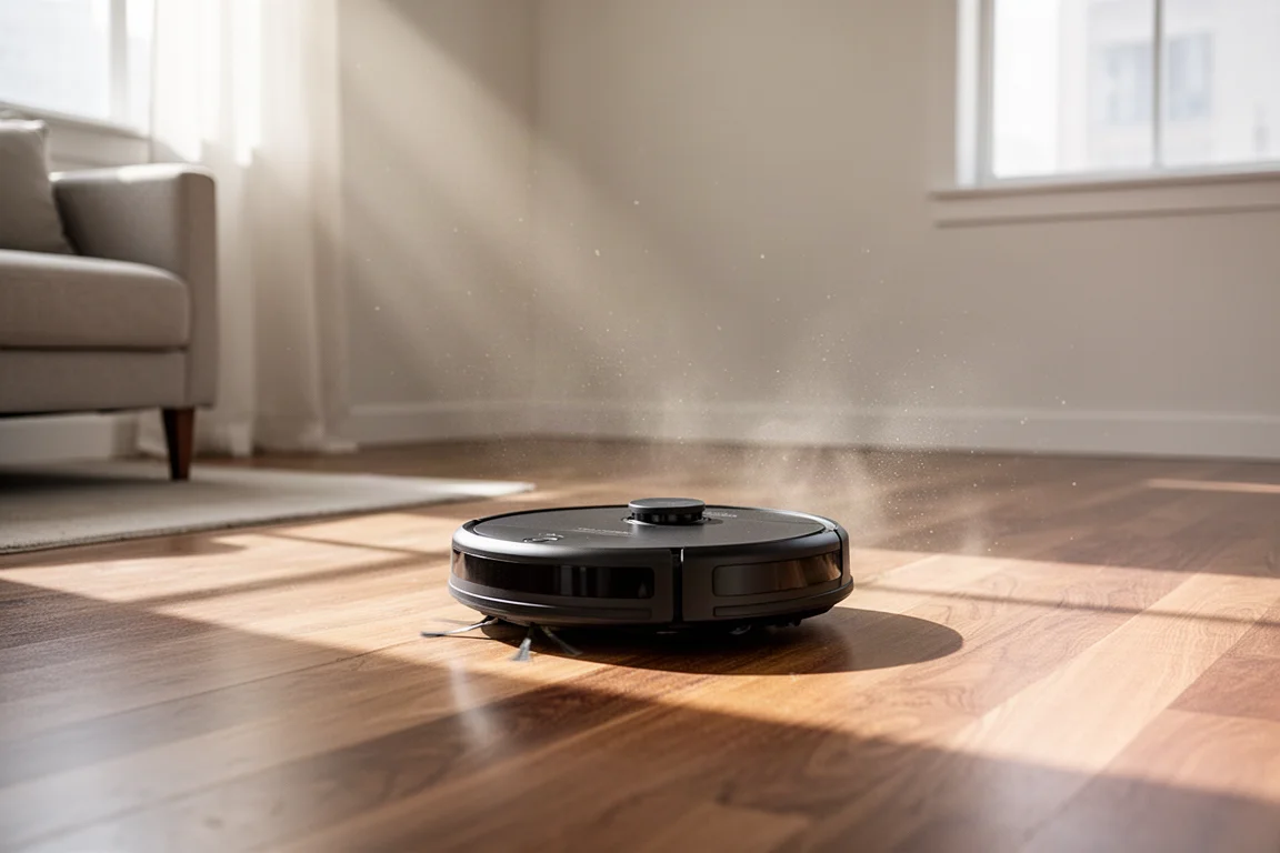 Aspirateur robot nettoyant un sol en bois franc dans un salon lumineux