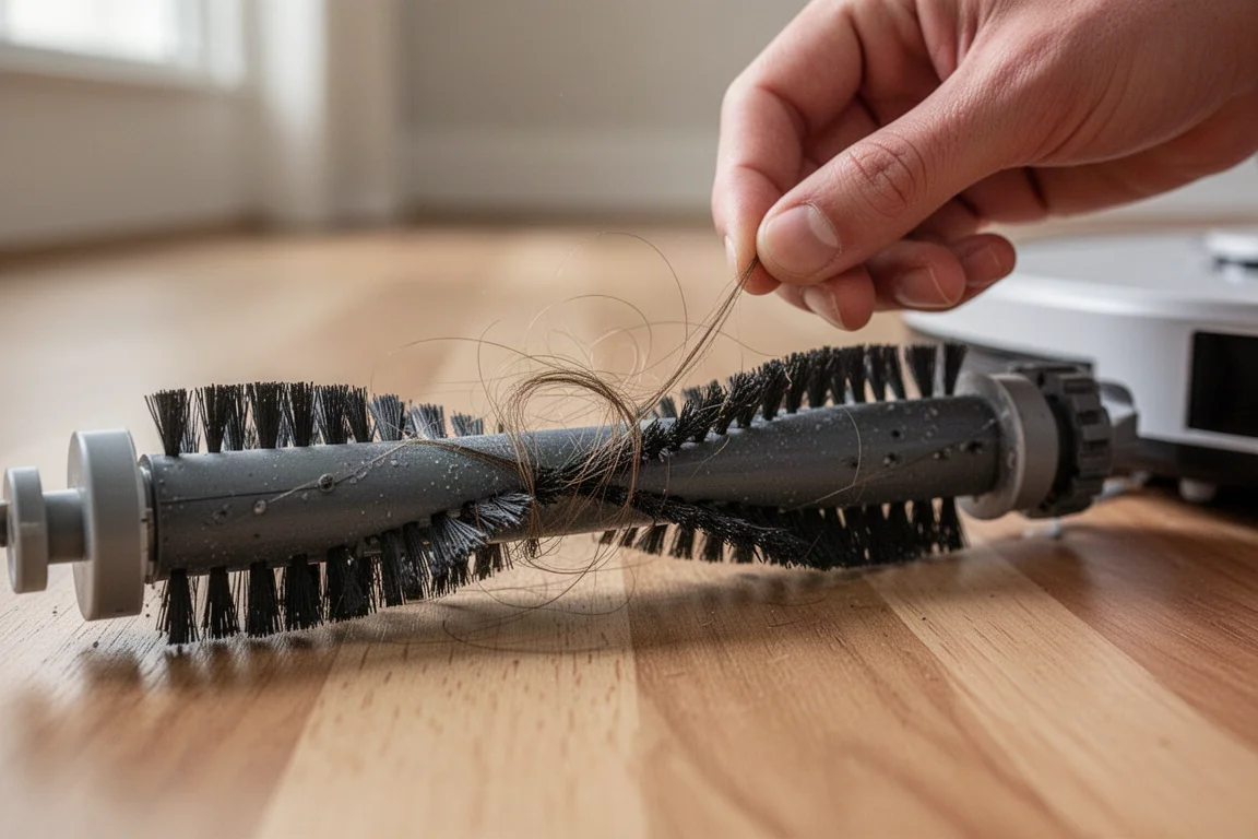 Gros plan sur la brosse d'un aspirateur robot avec quelques mèches de cheveux enroulées autour