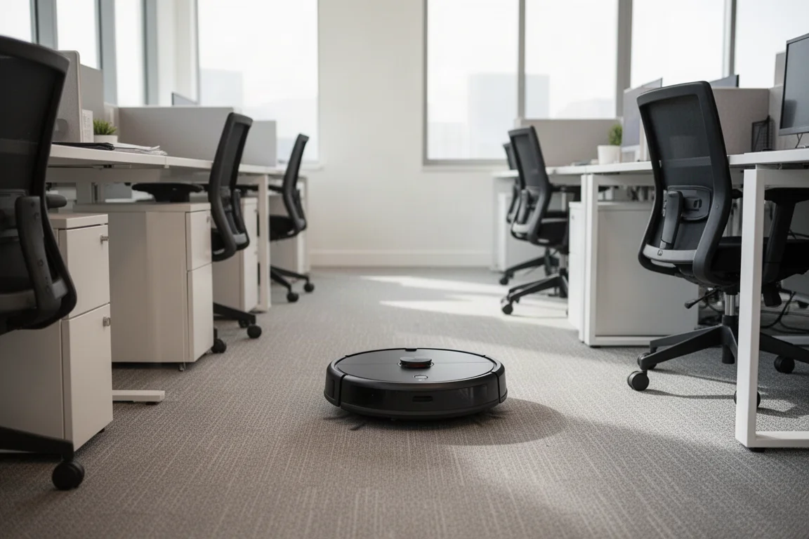 Aspirateur robot se déplaçant autour des meubles dans un bureau moderne