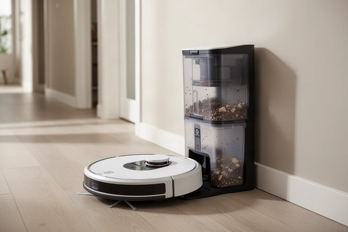 Base de vidage automatique sans sac avec l'aspirateur robot amarré et en charge