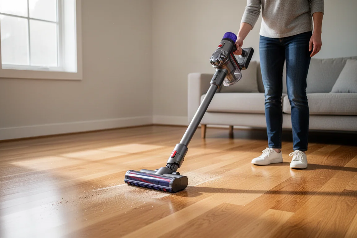 Person using a cordless stick vacuum to clean a hardwood floor in a bright living room