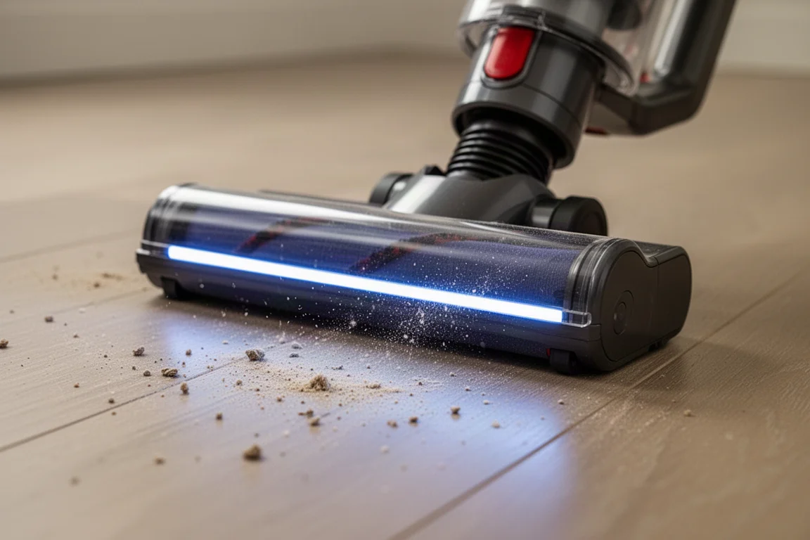 Close-up of a vacuum floorhead with blue light revealing dust on a hard floor