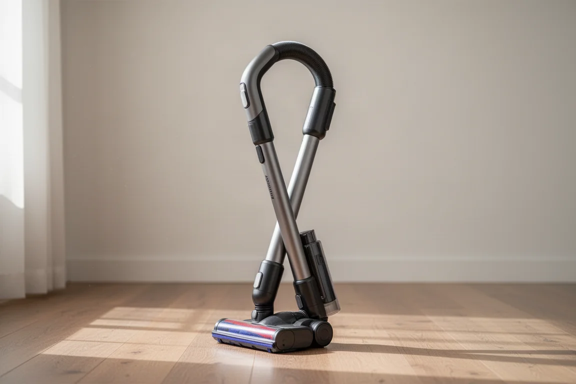 Cordless vacuum folded in half standing on its own on a wooden floor