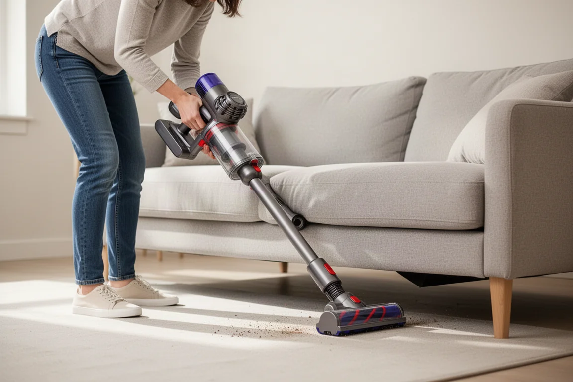 Person bending a cordless vacuum to clean under a low sofa