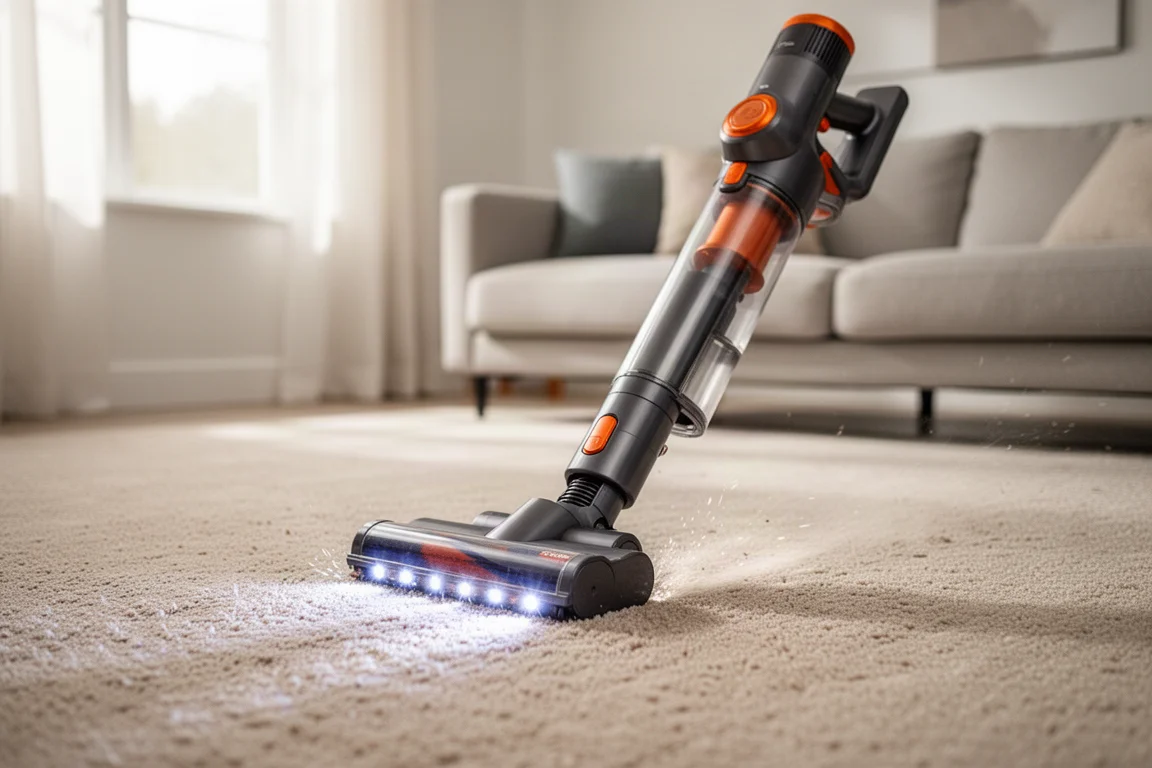 Cordless stick vacuum cleaning a medium-pile carpet in a bright living room
