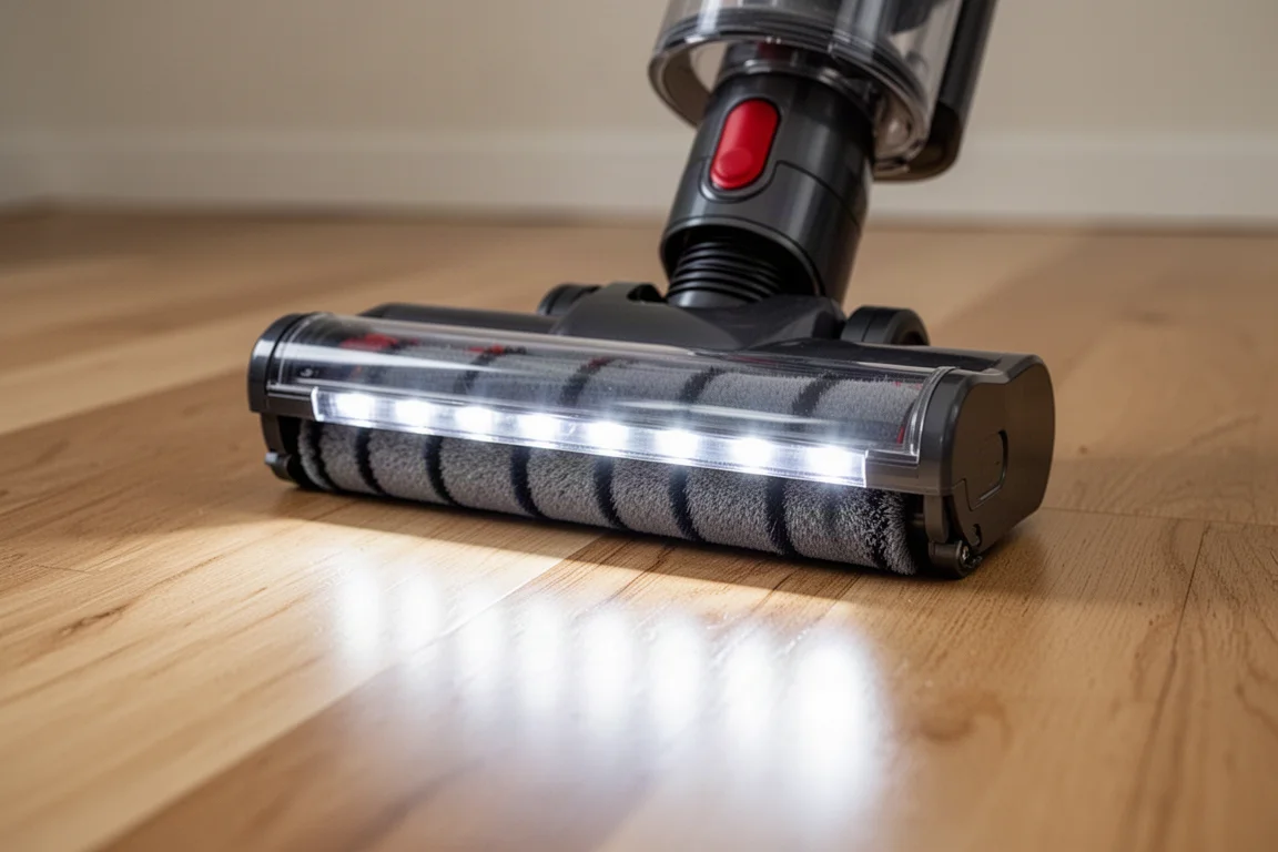 Close-up of a vacuum floor head with LED lights on a hard floor surface