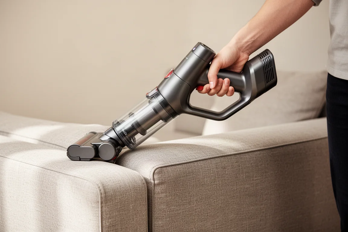 Hand holding a cordless vacuum handle in handheld mode near a sofa