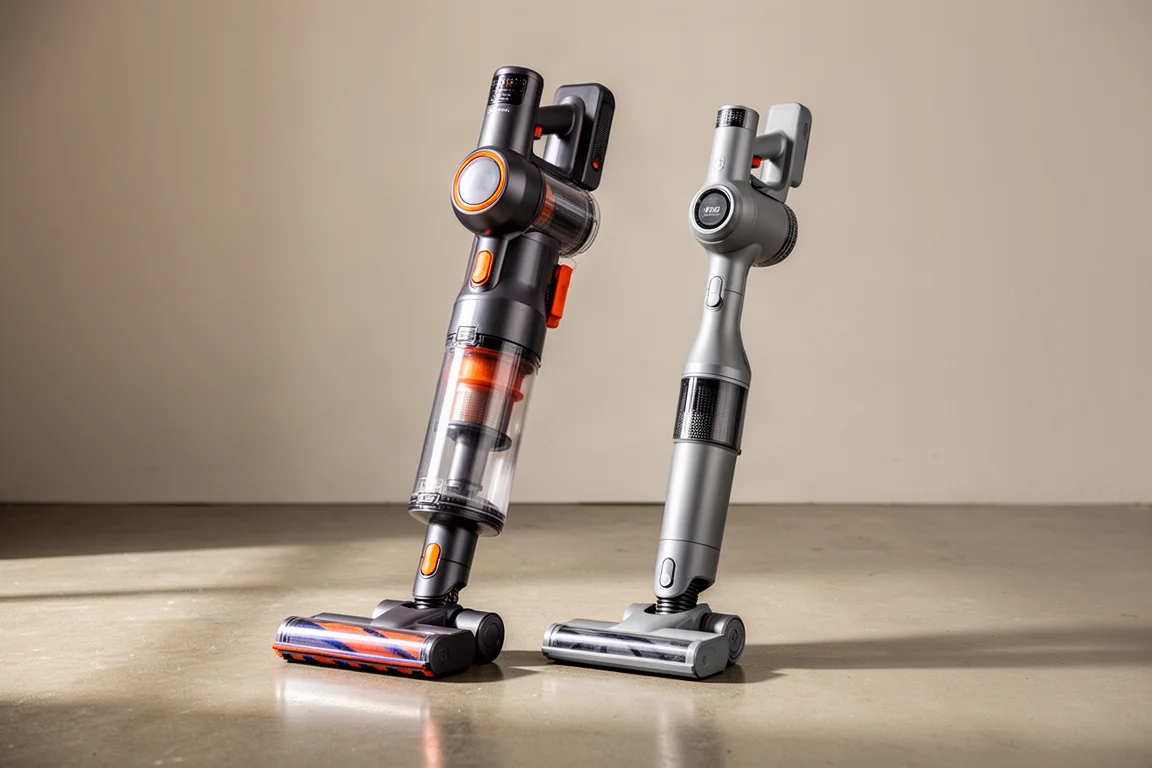 Two cordless vacuums side by side on a concrete floor for comparison