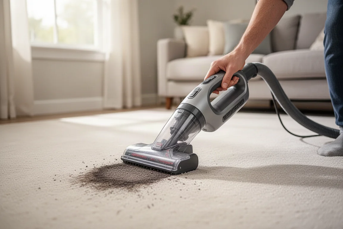 Limpiador de manchas portátil utilizado sobre una mancha de alfombra en una sala brillante