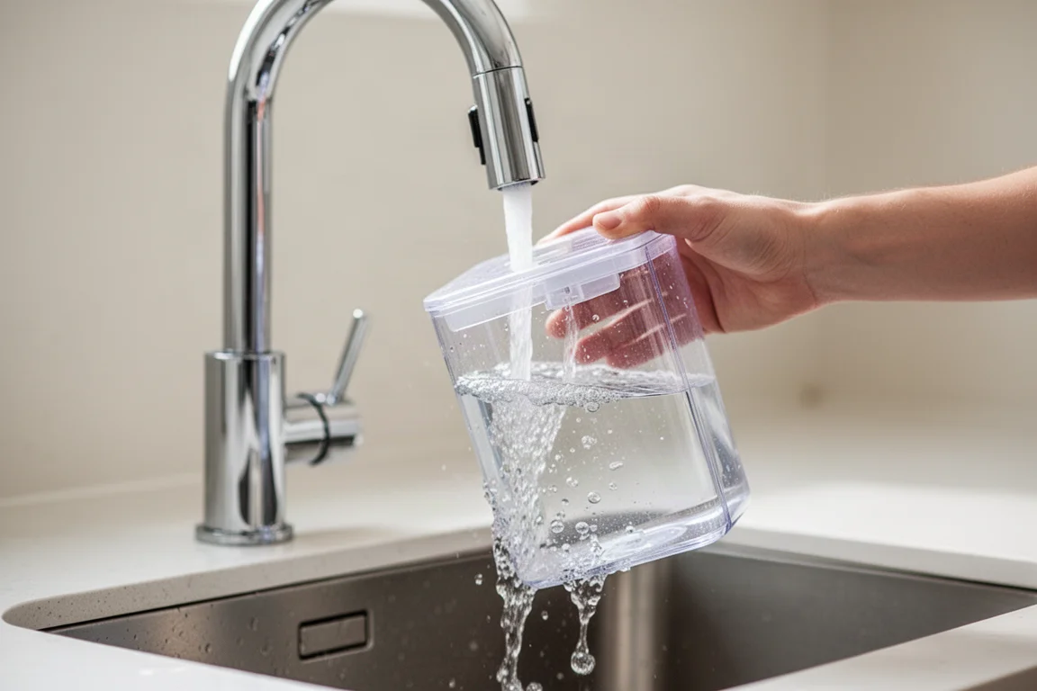 Tanque de agua limpia llenándose bajo un grifo de cocina