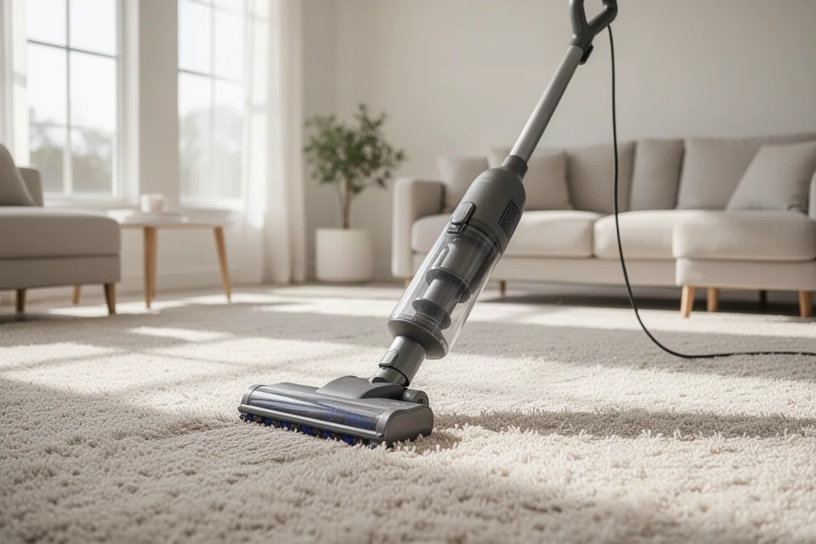 Corded stick vacuum cleaning a high pile carpet in a bright living room