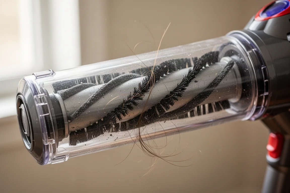 Close-up of vacuum brush roll with strands of hair being removed