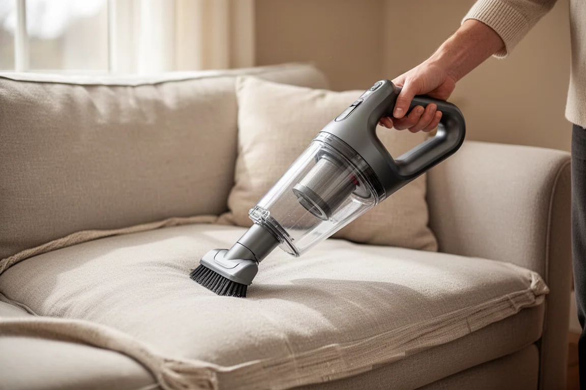 Handheld vacuum mode with pet power brush cleaning an upholstered sofa