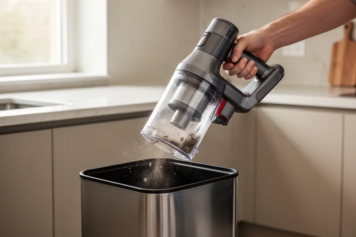 Vacuum dustbin being emptied over a trash bin in a modern kitchen