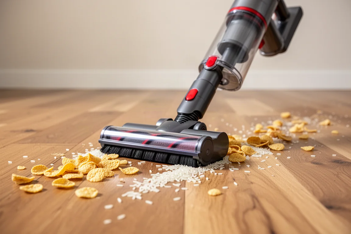 Cordless stick vacuum cleaning hardwood floor with visible debris pickup