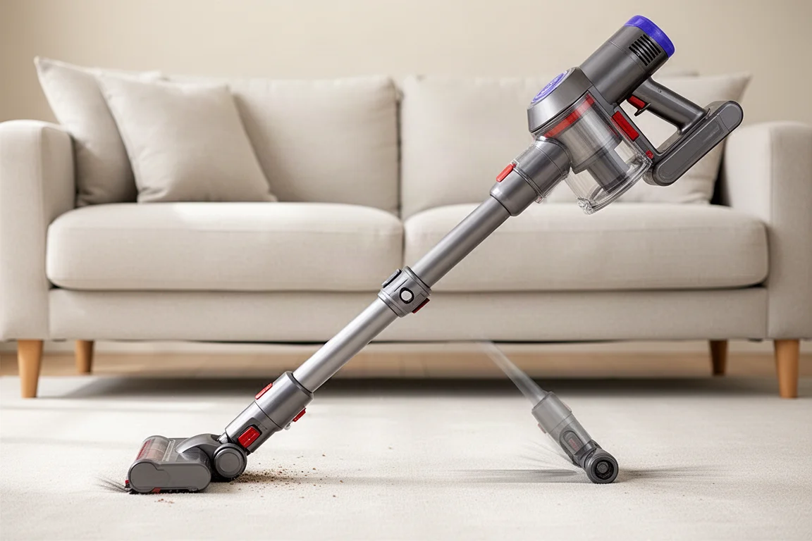 Vacuum extension wand pivoted at 180 degrees for under-furniture cleaning