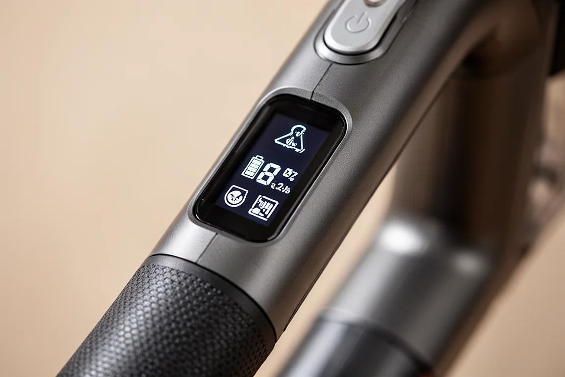 Vacuum LCD display showing battery percentage and cleaning mode icons