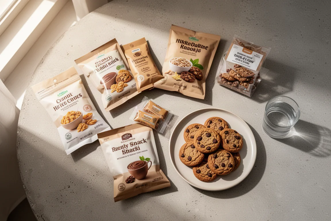 Table laid out with assorted healthy snack packets and cookies in soft daylight