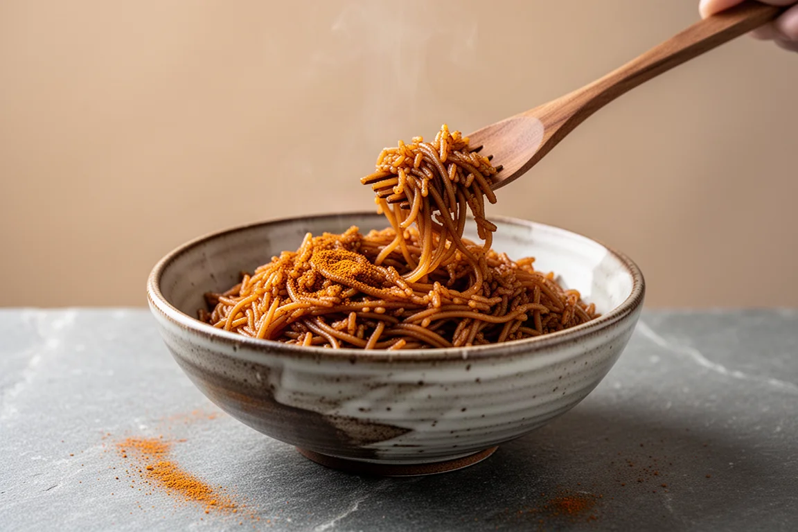 Masala brown rice noodles in a bowl with a fork lifting a portion