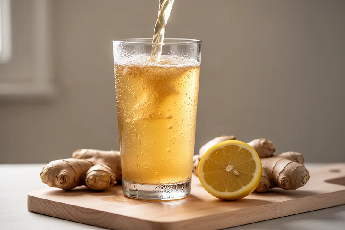 Golden ginger drink poured into a glass with fresh ginger root beside it