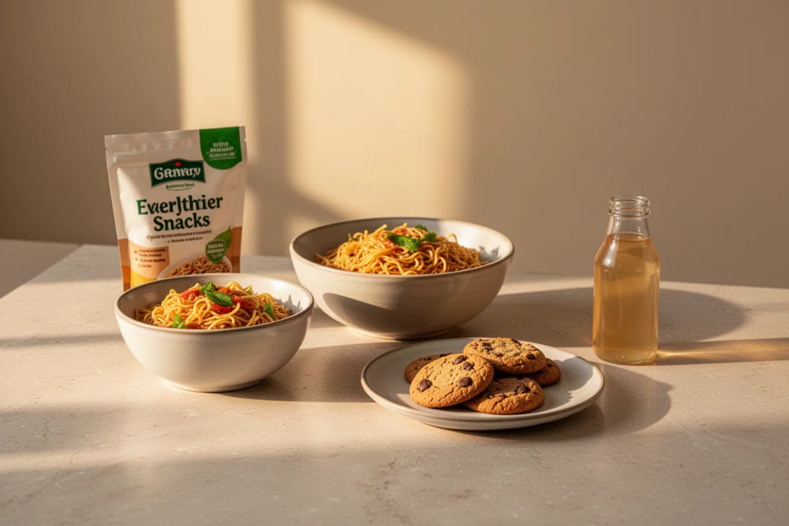 Everyday healthy snacks and a drink arranged on a kitchen counter at golden hour