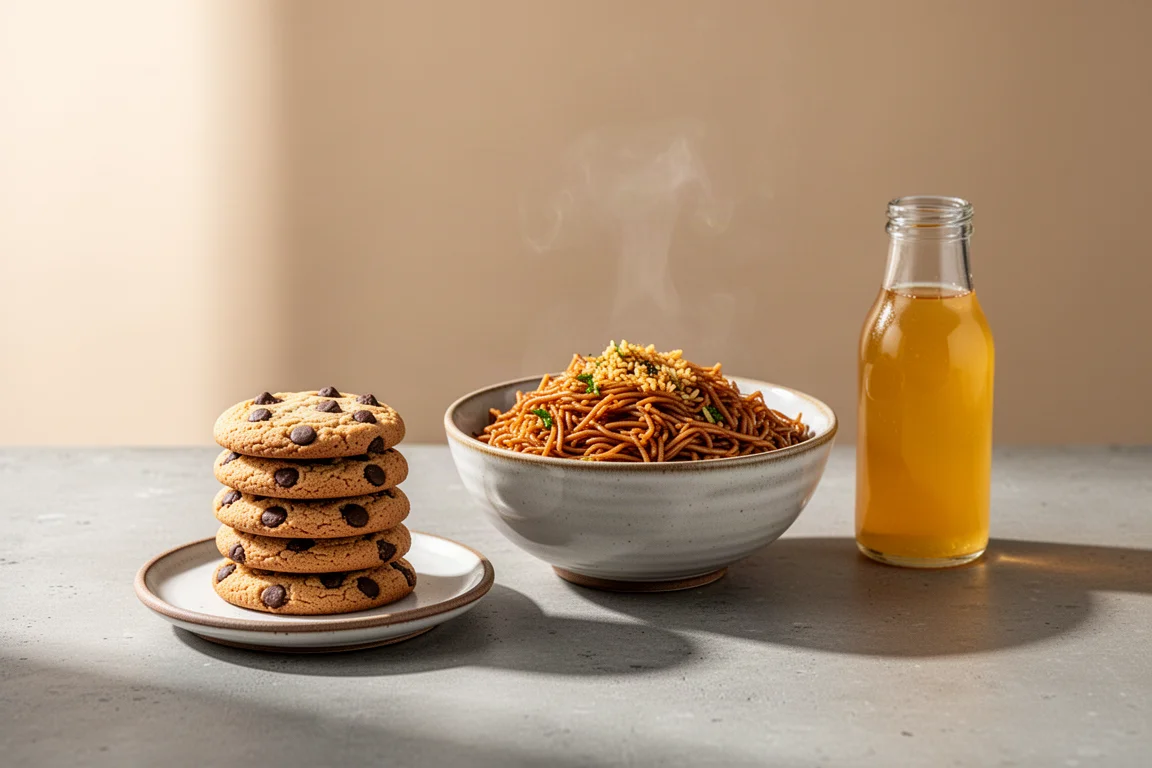 Chocolate chip cookies, a bowl of masala noodles, and a ginger drink bottle on a concrete surface