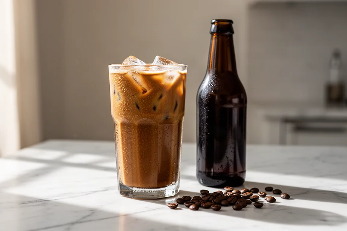 Eine Glasflasche Cold Coffee neben einem Glas Eiskaffee auf einer Marmorarbeitsplatte