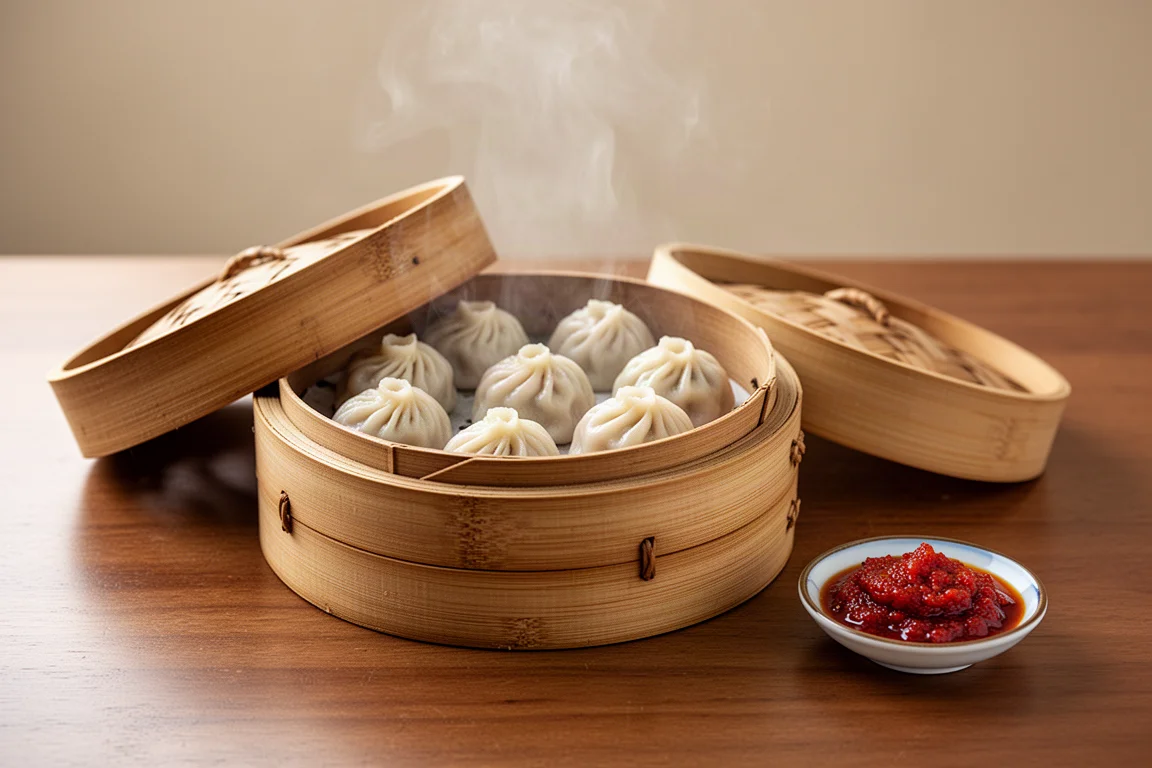 Tiefkühl-Momos dampfen in einem Bambusdämpfer auf einem Holztisch