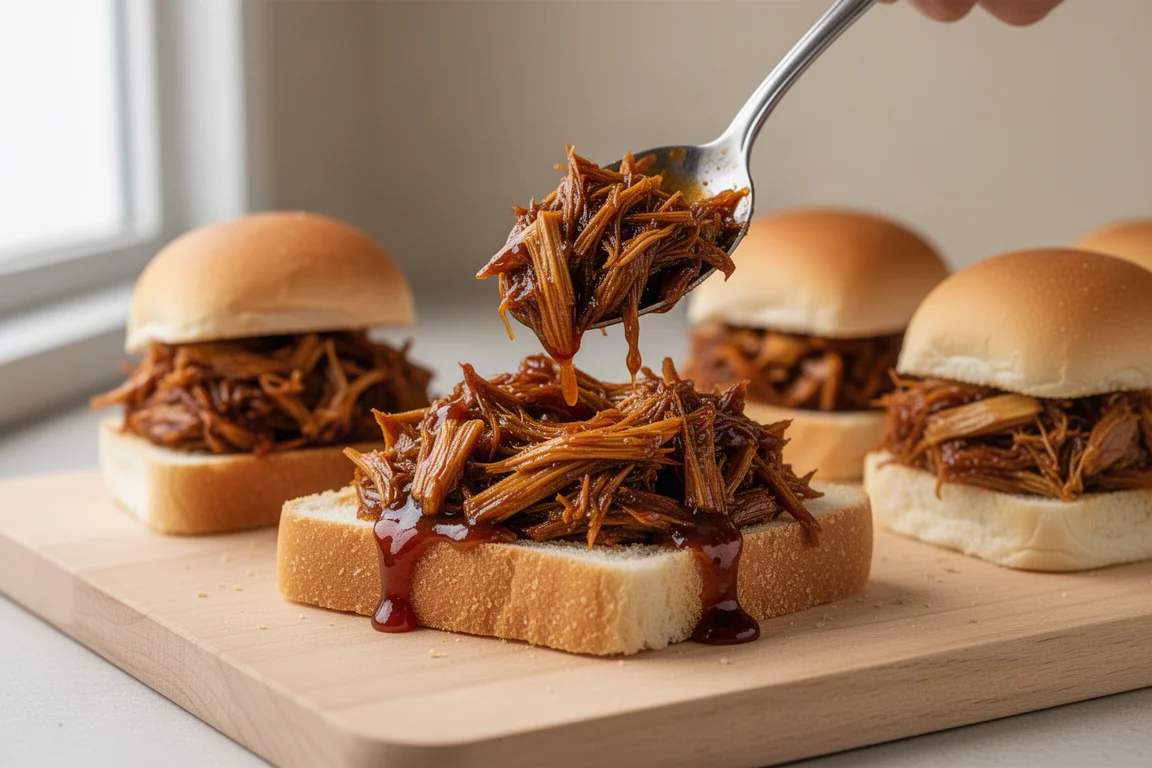 BBQ-artige Jackfruit-Füllung wird mit einem Löffel in ein Sandwich gefüllt