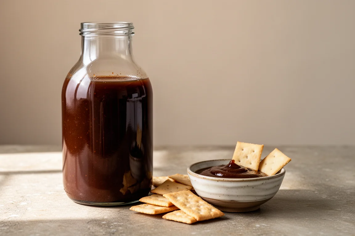 Eine Flasche Tamarinden-Dattel-Sauce auf einem Snacktisch mit Crackern und Chutney