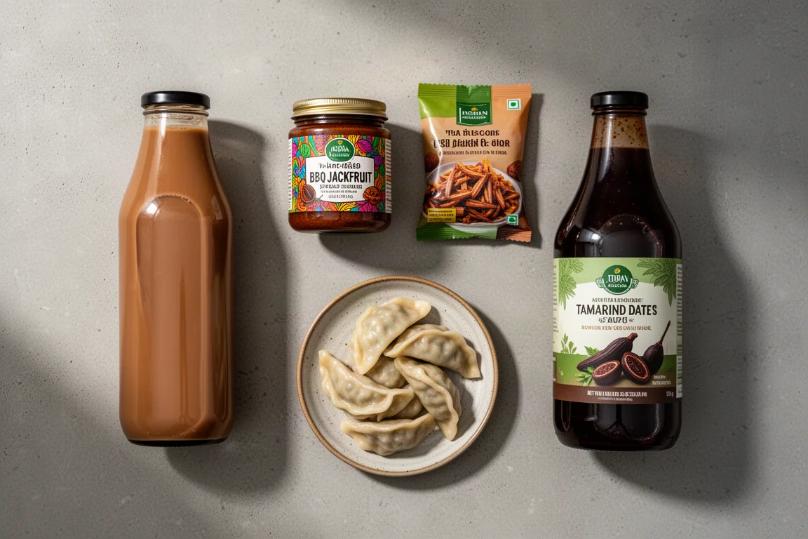 Flat-Lay mit Cold Coffee, Jackfruit-BBQ, Momos und Tamarinden-Dattel-Sauce auf einer Betonfläche