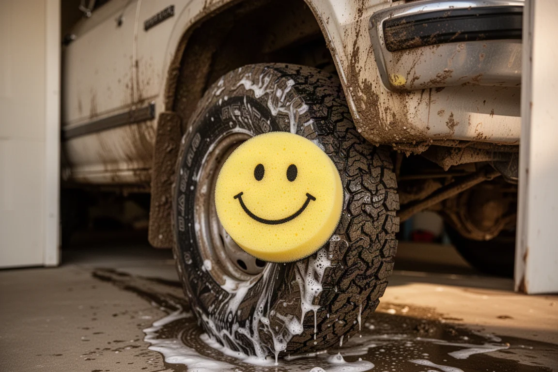 Spugna dal volto sorridente usata per strofinare un pneumatico arrugginito di un camion, coperto di sporco