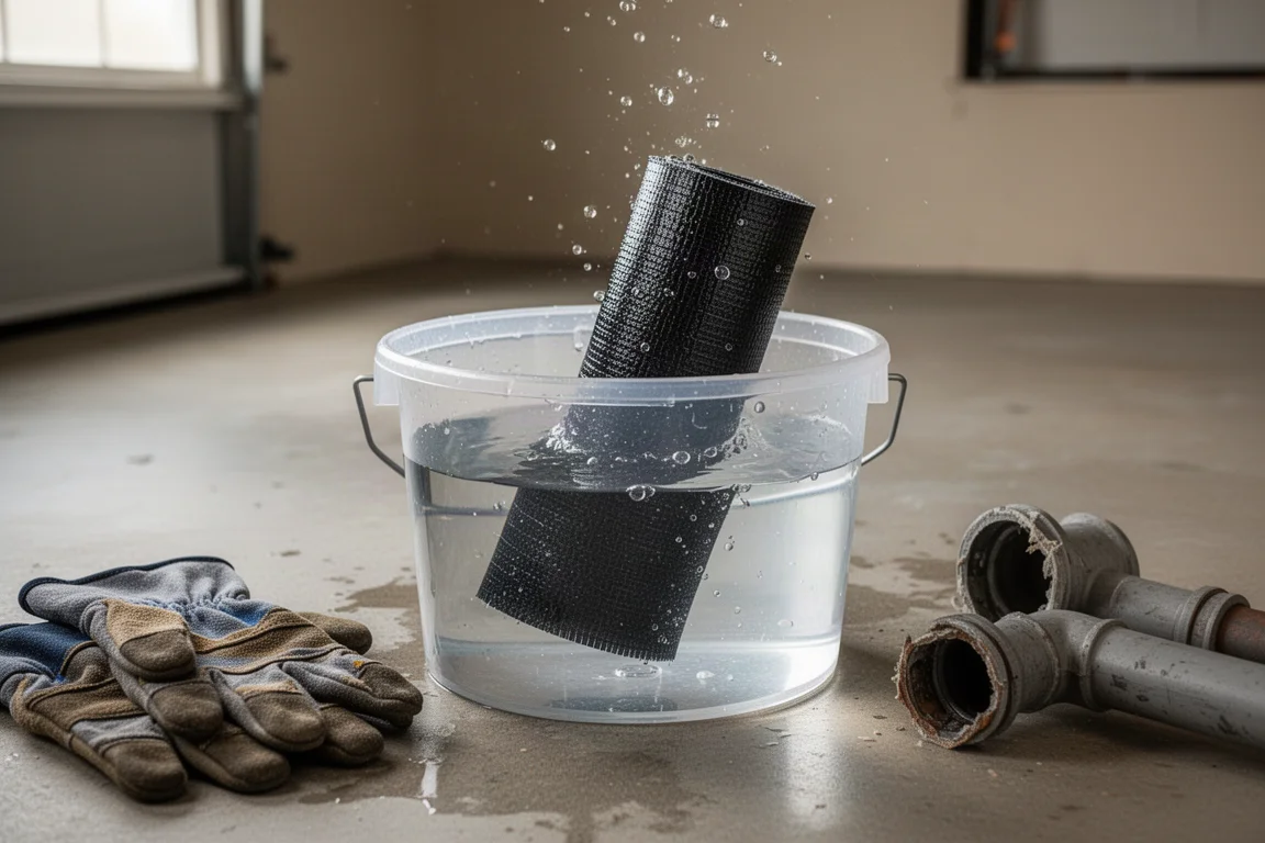 Rotolo di bendaggio nero in resina per riparazioni che si ammolla in un secchio d'acqua