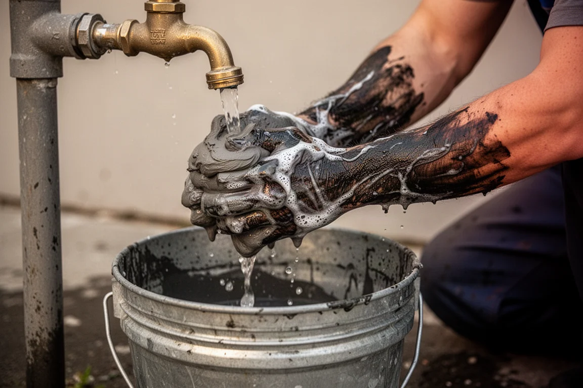 Meccanico che si insapona con un sapone per mani scuro e abrasivo sotto un rubinetto esterno