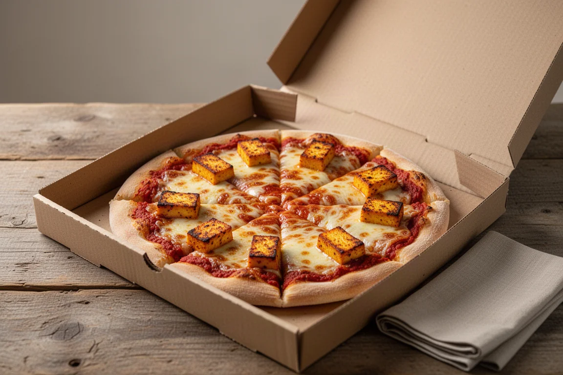 En uppskärad paneer-pizza på en träskiva med pålägg synliga