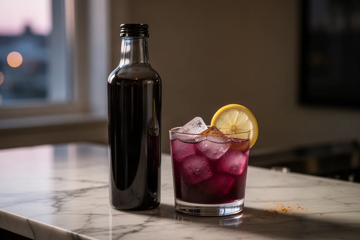 En slank cocktailmixerflaska bredvid ett glas med is och citrusgarnering