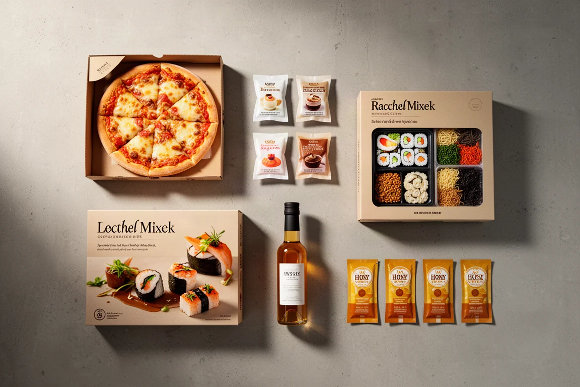 Composition à plat de six produits alimentaires incluant une boîte de pizza, des sachets de dessert, un kit à sushi, une bouteille de mixeur et des sachets de miel