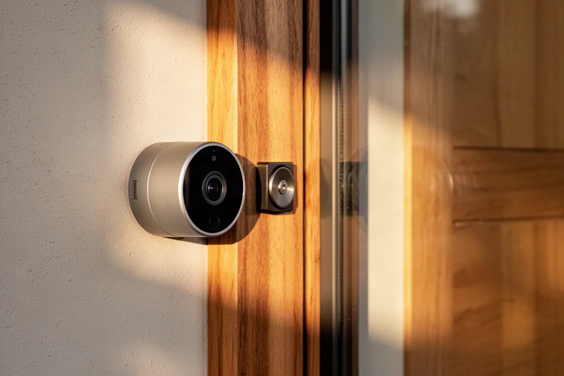 Citofono video compatibile installato accanto a una porta d'ingresso moderna