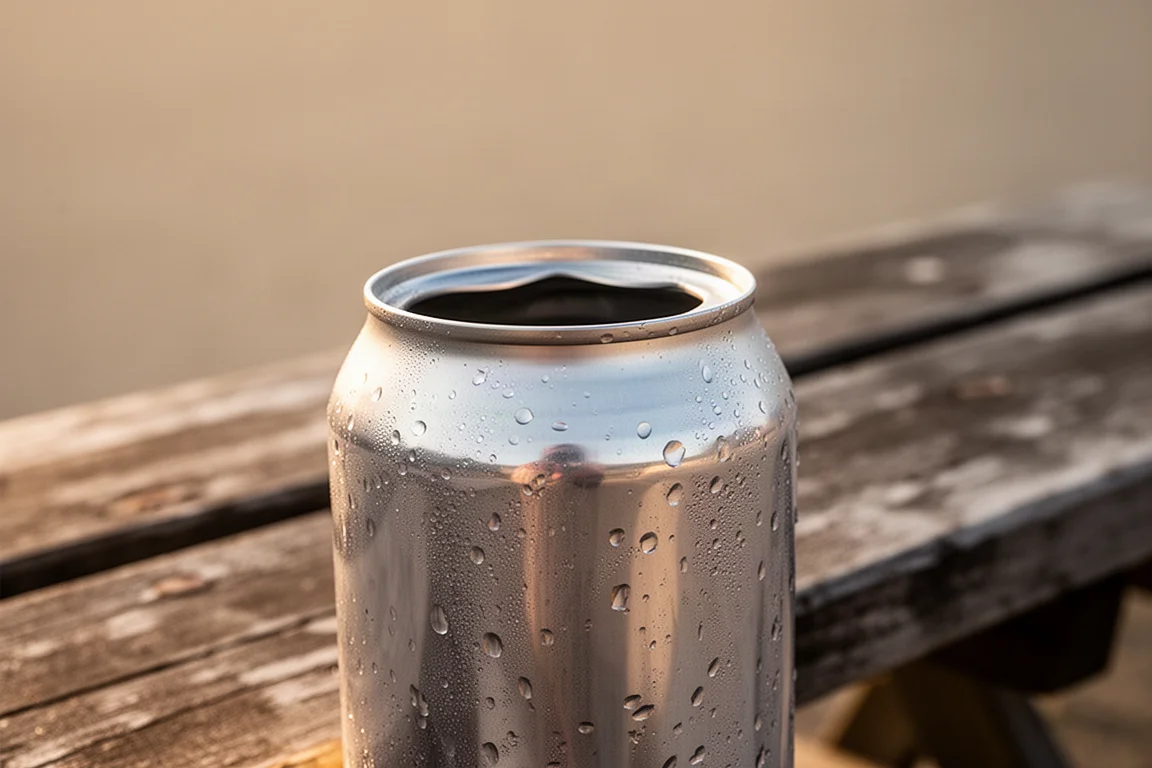 Lattina di birra con la parte superiore rimossa pulitamente appoggiata su un tavolo da picnic